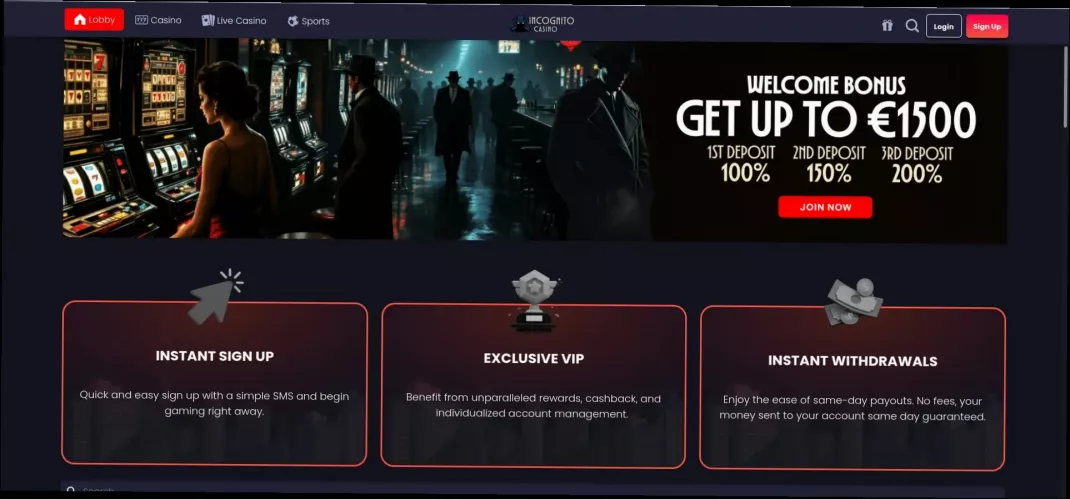 Incognito Casino welkomstbonus 450% tot €1.500 en 150 gratis spins